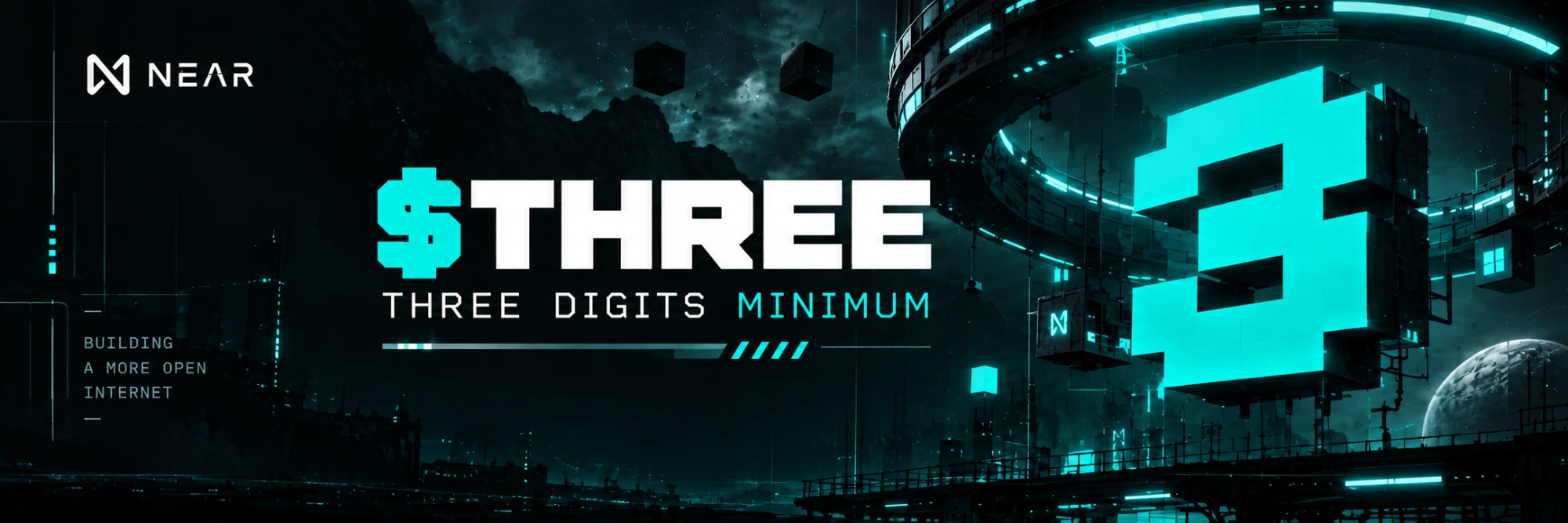 $THREE key art: THREE DIGITS MINIMUM banner with a giant signal voxel 3.
